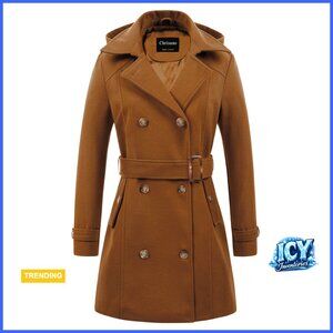 Long Wool Pea Coat with Hood, Double Breasted Trench for Winter